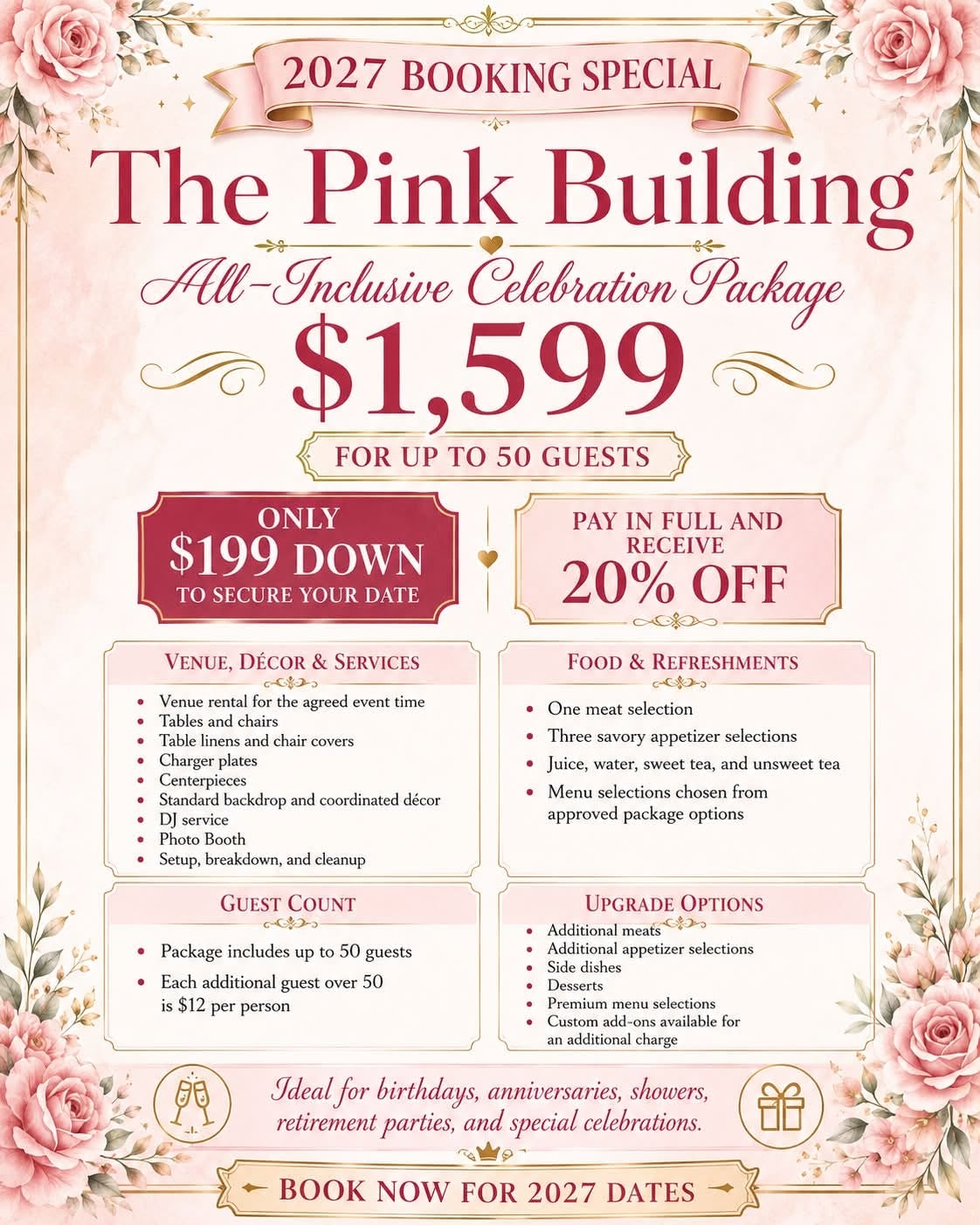 The Pink Building 2027 All-Inclusive Celebration Package — $1,599 for up to 50 guests